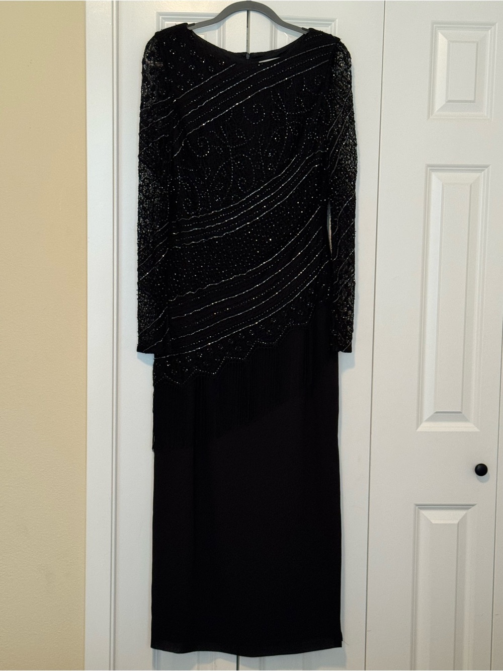 Black Long-Sleeve Beaded Evening Gown